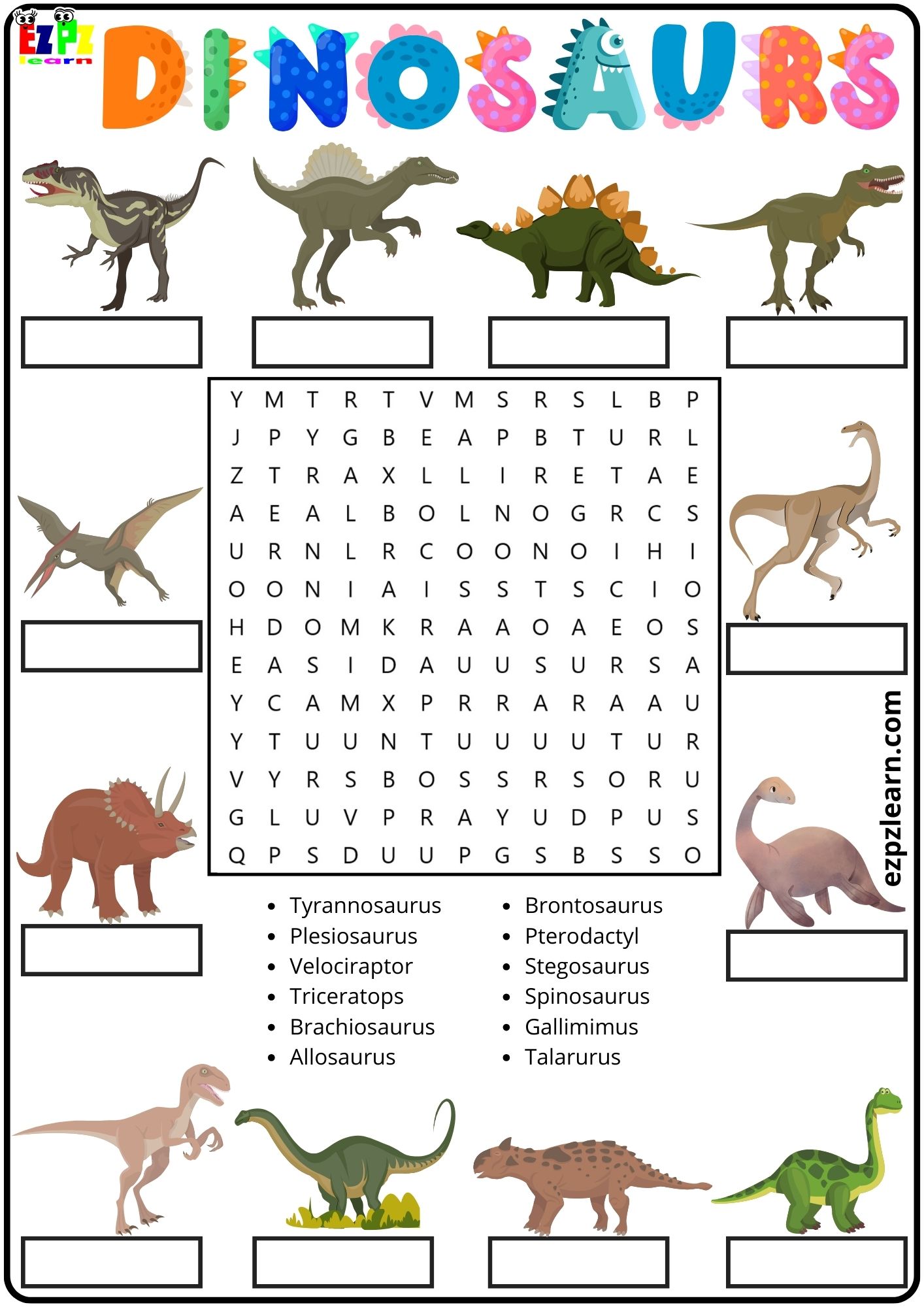 Dinosaurs Vocabulary Word Search and Match the Words Activity for Kids PDF 